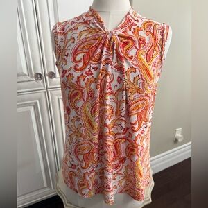 Tommy Hilfiger Women's Size Large Sleeveless V-Neck White w/Orange/Yellow Blouse